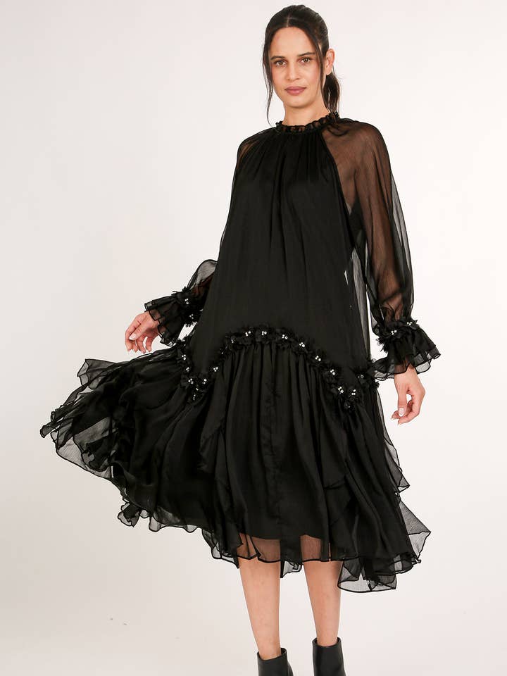 3D Verziertes Blumenkleid mit Rüschen und transparentem Midi-Rock QC3262 für den Großhandel von Beulah Style