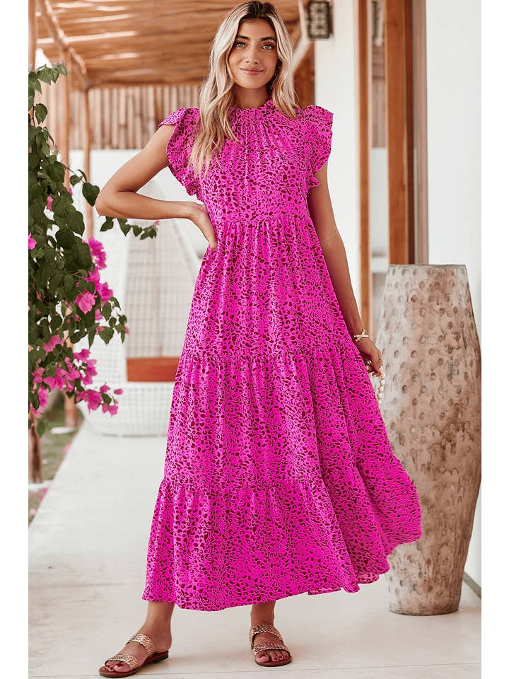 Rose Red Leopard Ruffle Tiered Maxi Dress for wholesale on Faire