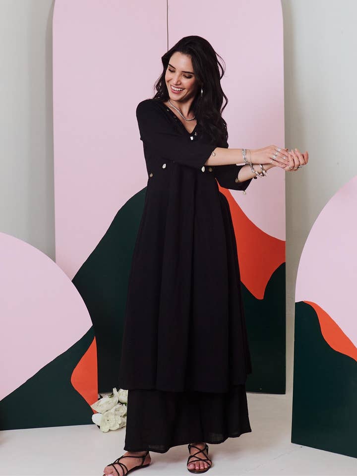 House of Amaya – wholesale Top & pants set (NOT Loungewear) – Women's – Ajuni Black Mirror Embroidered Kurta, Palazzo with Chanderi Dupatta (Set of 3)2