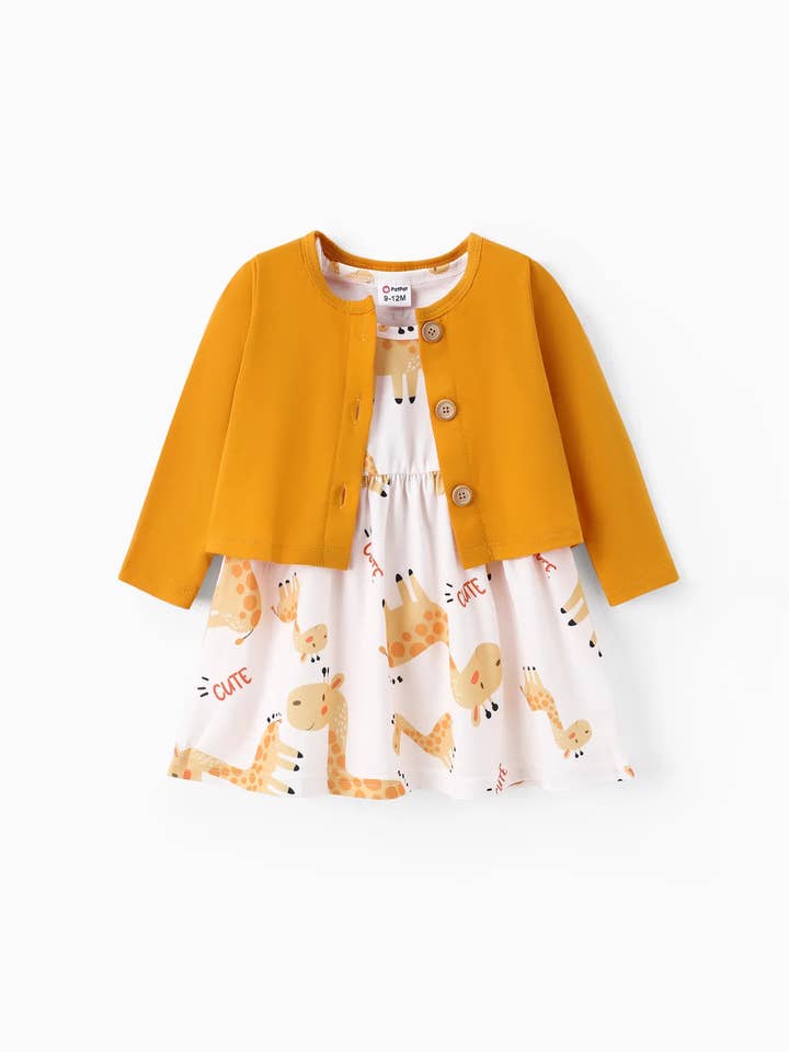 PatPat - Wholesale Clothing Set - Baby - 2pcs Baby Girl Elephant or Giraffe Dress & Cardigan Set