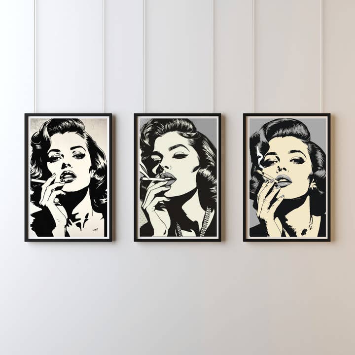 Set di poster Pop Art A4 (3 pezzi) – stampe d'arte vintage minimaliste in bianco e nero per la vendita all'ingrosso da parte di LichtwegOnline
