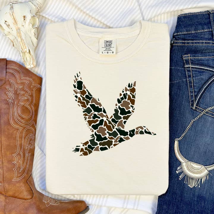 Retro Flying Duck | Camo | Hunt | CC Graphic Tee for wholesale by The American Honey