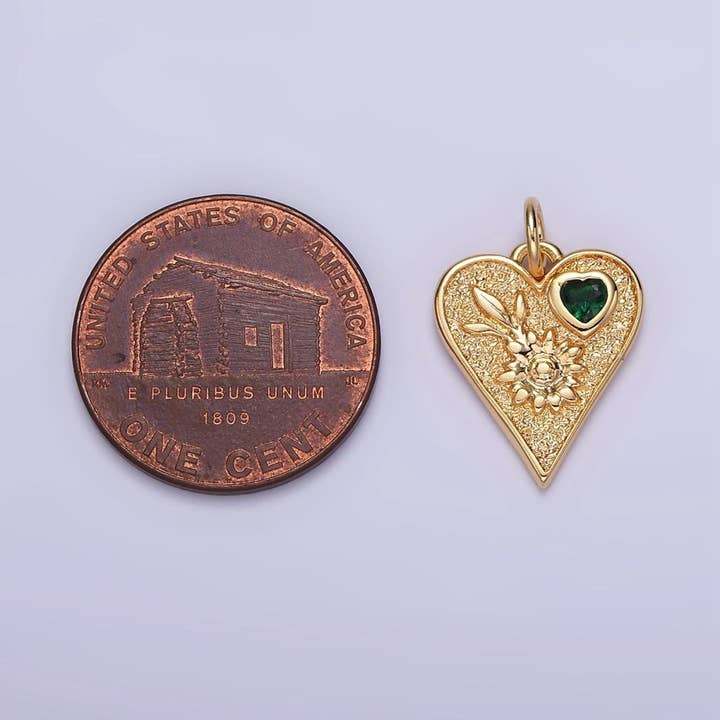 Aim Eternal - Wholesale Individual charm/pendant - 16K Gold Filled Sunflower Plant Green CZ Hammered Heart Charm | N10112