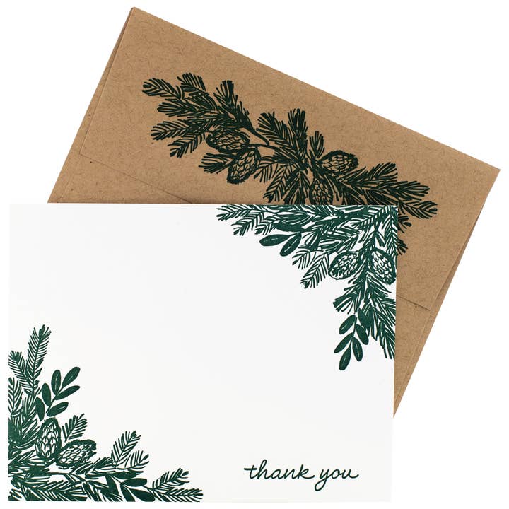 Pine Branches Note Cards with Letterpress Envelopes for wholesale by Smudge Ink