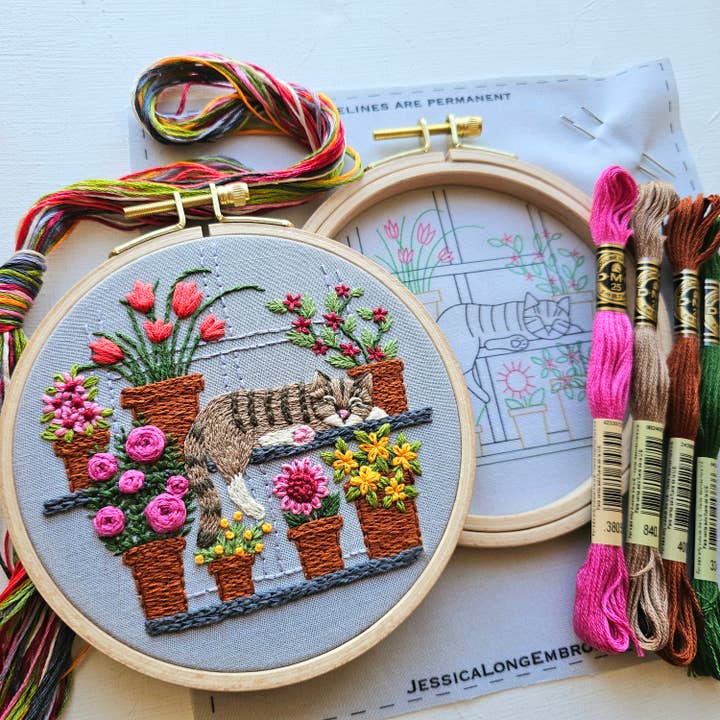 Jessica Long Embroidery - Wholesale Embroidery/Cross Stitch Supplies - Catnap with Flowers Embroidery Kit