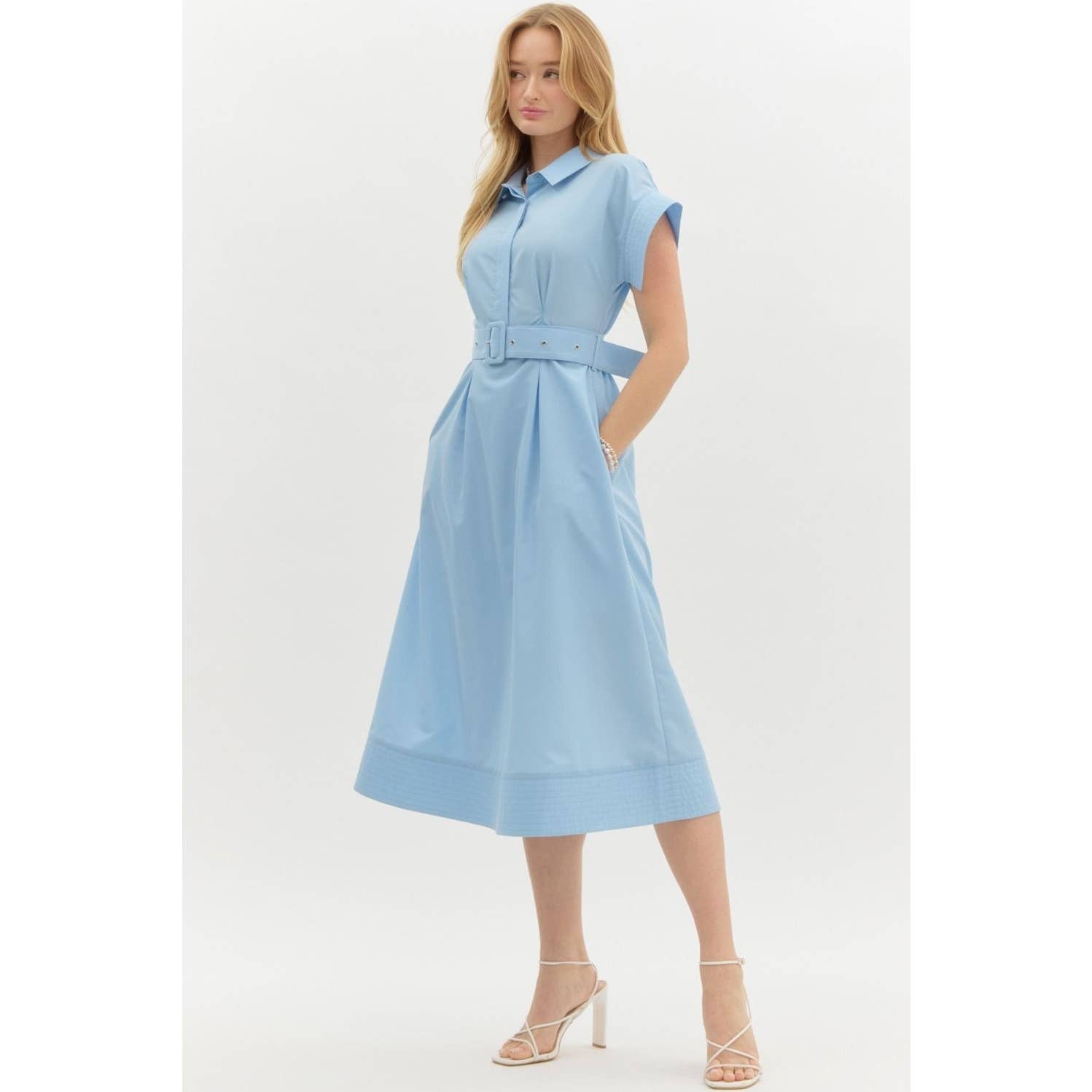 STYLE USA - Venta al por mayor Vestido - Mujer - Vestido midi con mangas cortas tipo ala y detalles de costura sólida16