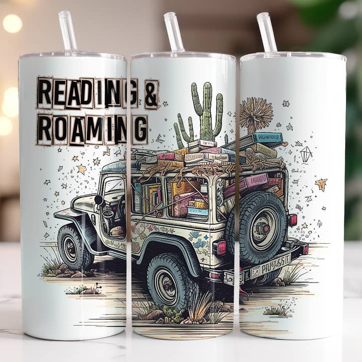 Reading & Roaming - Books Jeep - 20oz Skinny Tumbler for wholesale by Dogwood Graphics & Design