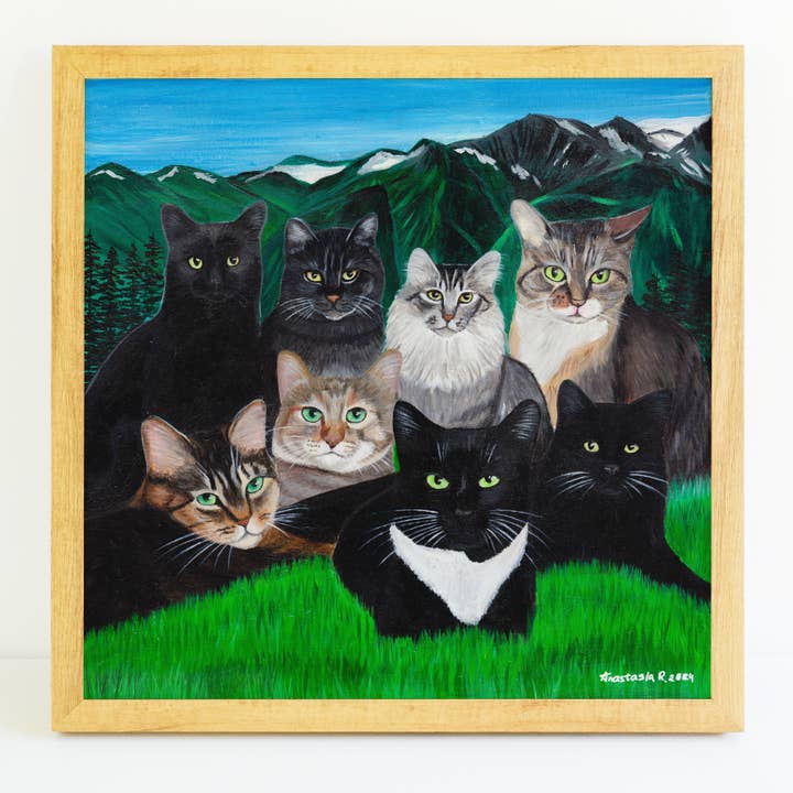 8 Cats in Cascades Art Print for wholesale by MeerCatArt