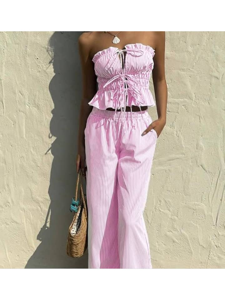 Chilli Girl Collection - Wholesale Top & Pant Set (NOT Loungewear) - Women's - Stripe patterned top and wide-leg pants set