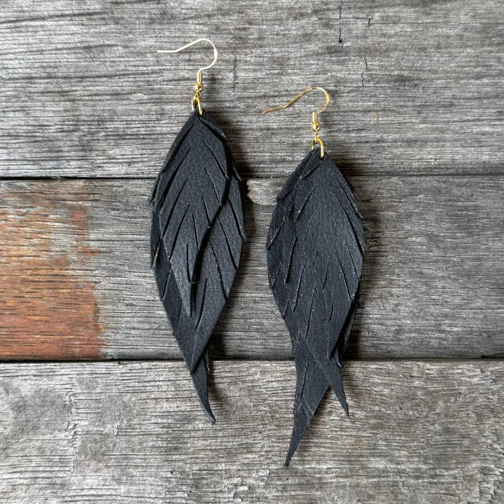Leather Feather Earrings - Black for wholesale by Raleigh Leather