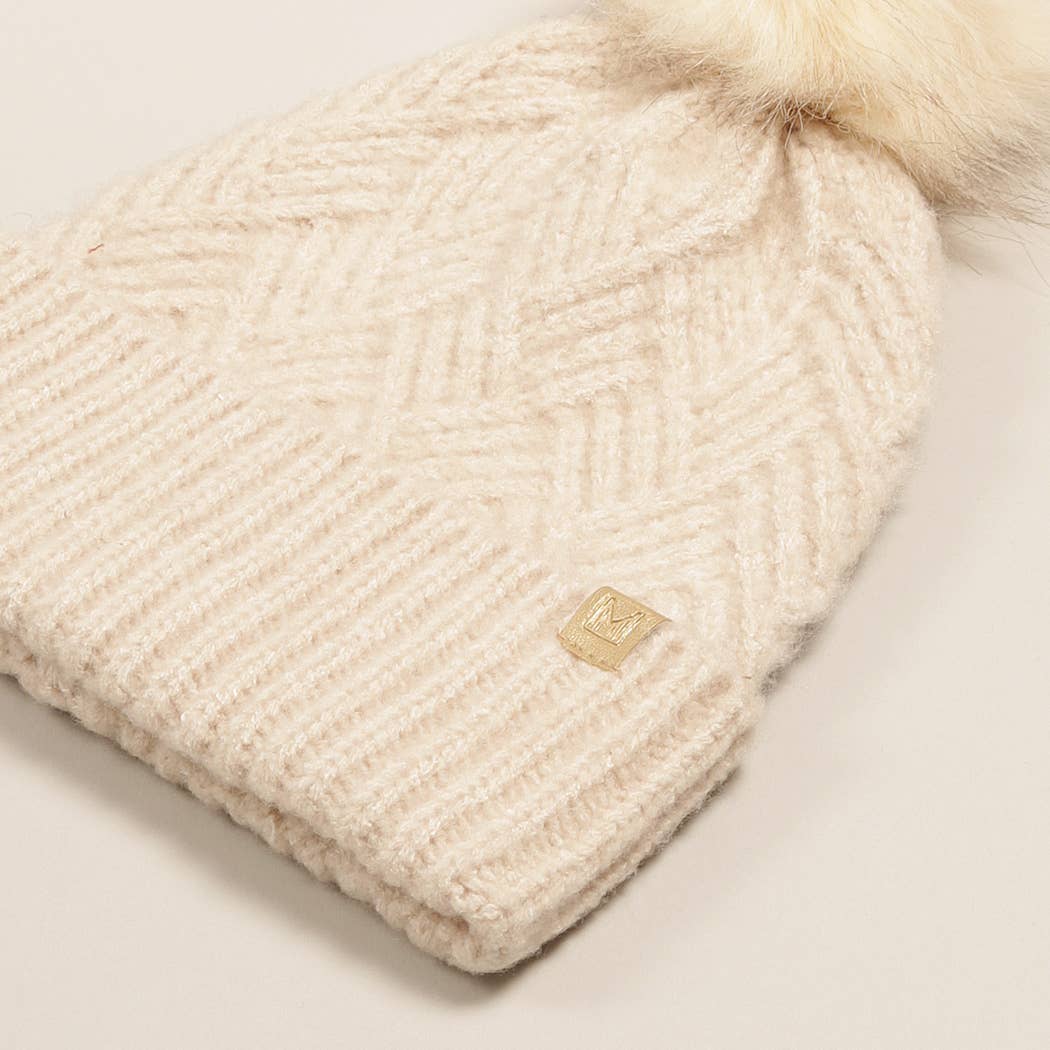 Fashion City - Wholesale Beanie - Dames - Chevron-gebreide muts met pompon van imitatiebont4