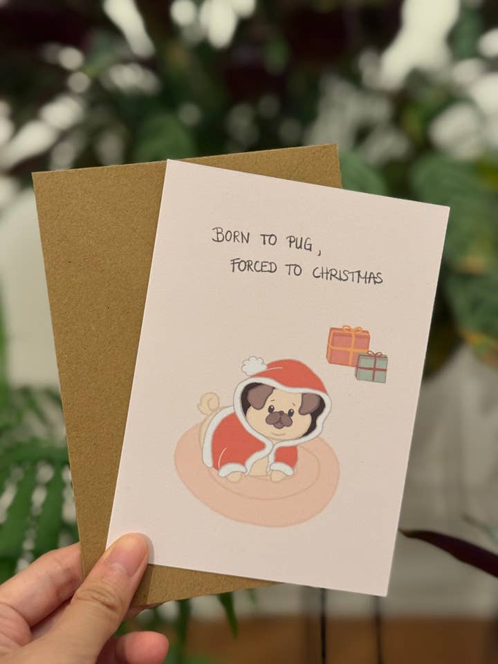 Funny Pug Christmas Card with Envelope for wholesale by Chumi Studio