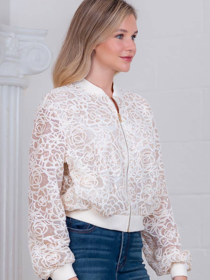 CHAMPAGNE HJ75060T-Long sleeve laced bomber jacket for wholesale on Faire2