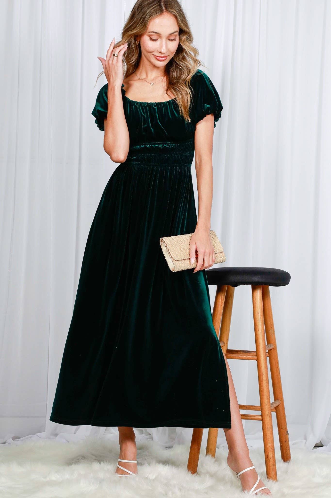 Vine & Love - Wholesale Dress - Women's - Square Neck Puff Sleeve Smocked Velvet Maxi Dress VD82053 10