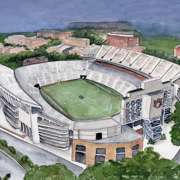 Auburn Stadium Aquarell-Kunstdruck für den Großhandel von Grace Langdon Art