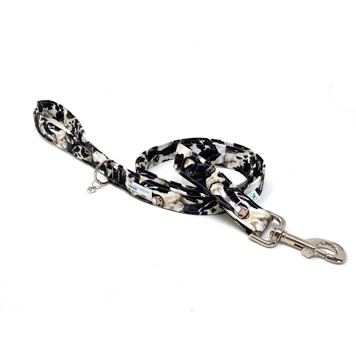 Cow Print Padded Handle Dog Leash Black And White for wholesale by EcoDogDesigns