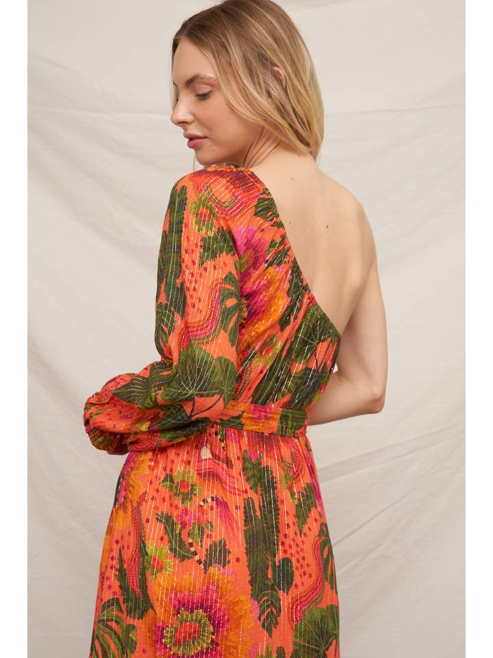 Orange Multi Robe à une épaule à imprimé tropical avec lurex en vente sur Faire8
