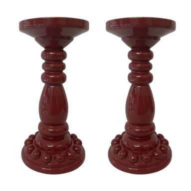 Pair of Deep Red Bobbin Candle Holders (Large) for wholesale by Muse Homeware