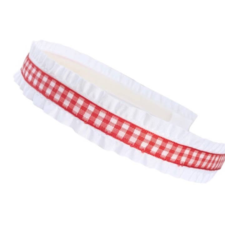 Red Gingham Double Ruffle Ribbon Headband for wholesale by Lolo Headbands
