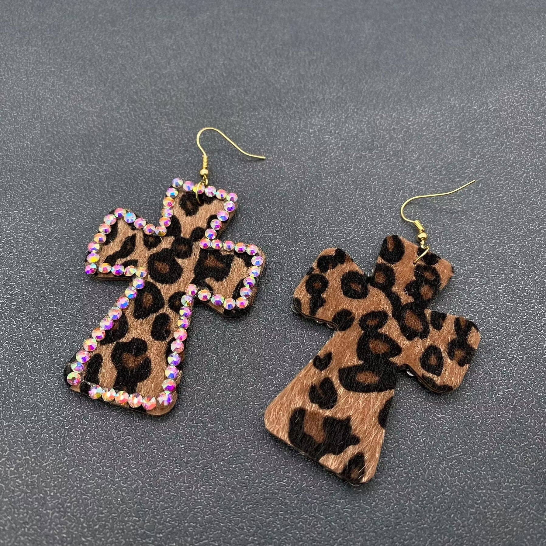 Mio Queena - Wholesale Dangle Earrings - Rhinestone Leopard Print PU Leather Cross Dangle Earrings1