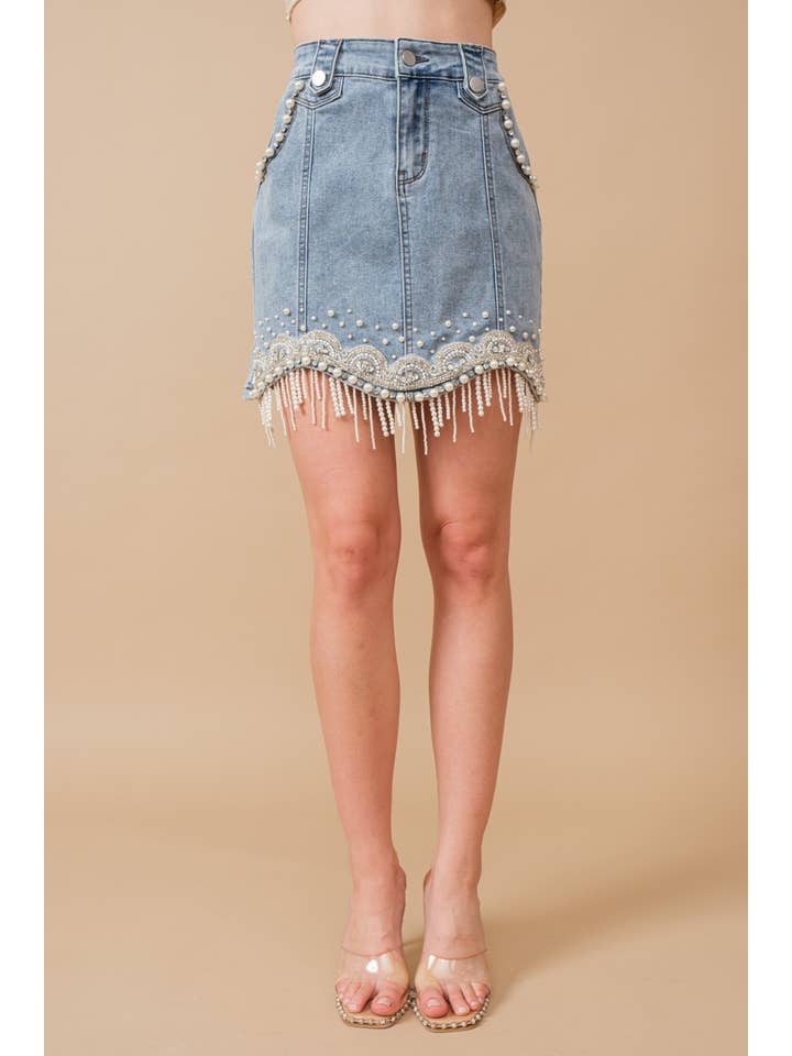 MED WASH 80038S - Stretch Denim Embellished Pearl Fringe Mini Skirt for wholesale on Faire