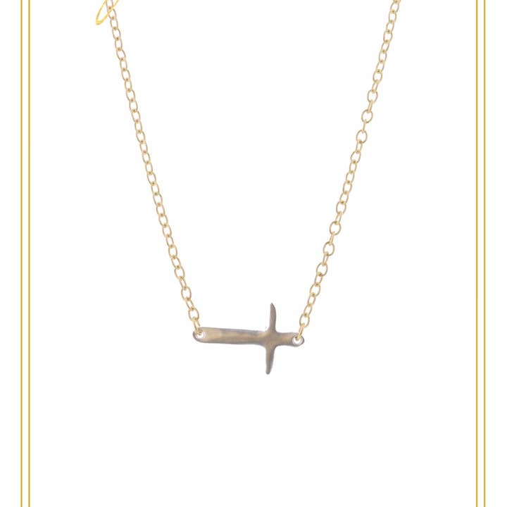 16" Silver Sideways Cross on Gold Chain Necklace, 3" Ext. for wholesale by Jane Marie