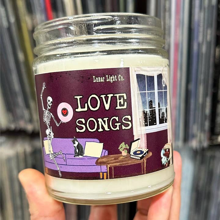 Love Songs The Cure Goth Valloween Valentine's spooky candle for wholesale by Lunar Light Co.
