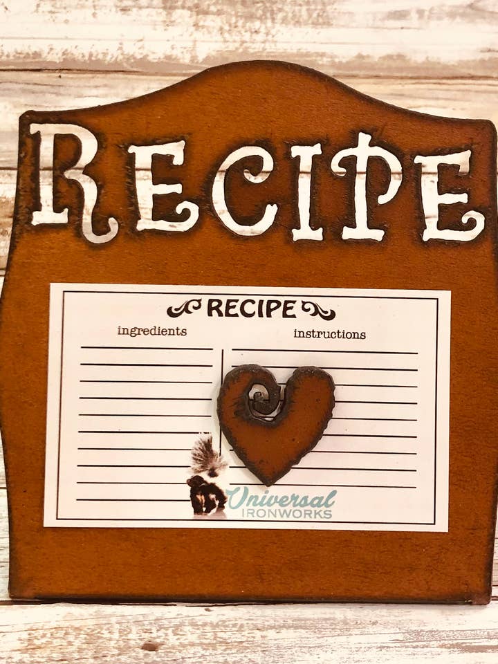 Recipe holder with heart swirl magnet for wholesale by Universal Ironworks USA