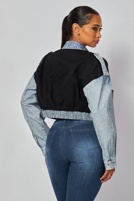 House of E ATL LLC – wholesale Denim jacket – Women's – Denim Contrast Crop Button Up Jacket - HOEA9741