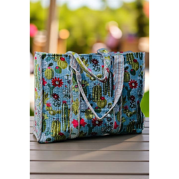 Nash Grey – wholesale Bärkasse - Dam – Wynn Ljusblå Sammet Kaktusmönstrad Tygväska