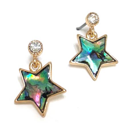 Mother of Pearl Star with CZ Stone Post Dangle Earrings for wholesale by StarryNYC