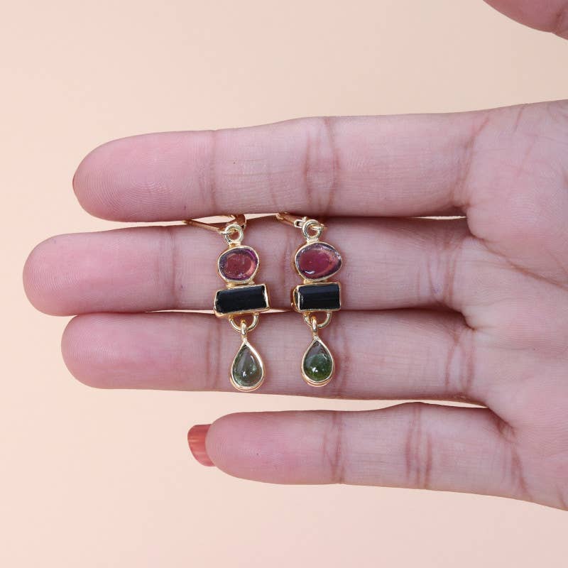 Jay Jools - Wholesale Dangle Earrings - Watermelon Tourmaline Earrings: 925 Solid Silver Gold Plated3