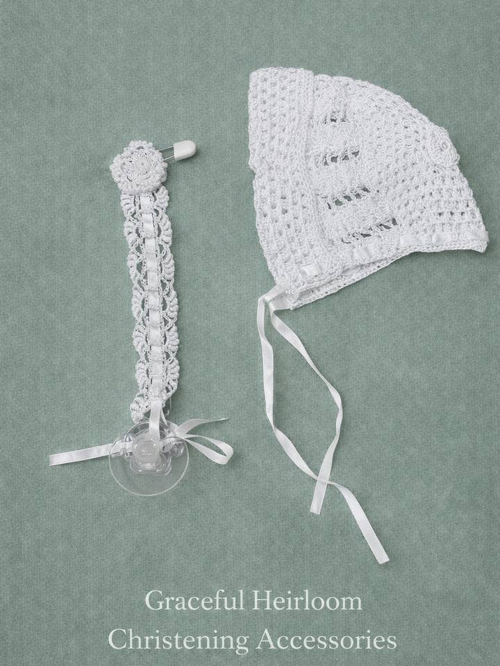 Heirloom Blessings Bonnet & Pacifier Clip Set for wholesale by Expectations