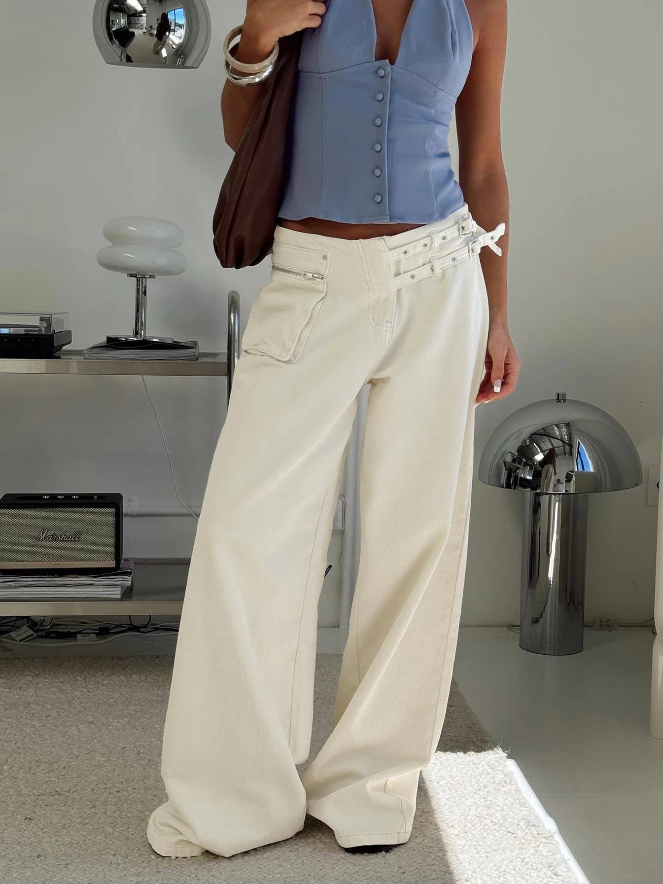 Rosa Clothing - Wholesale Pants - Women's - Street Adjustable Waist Side Pockets Detail Cargo Pants2