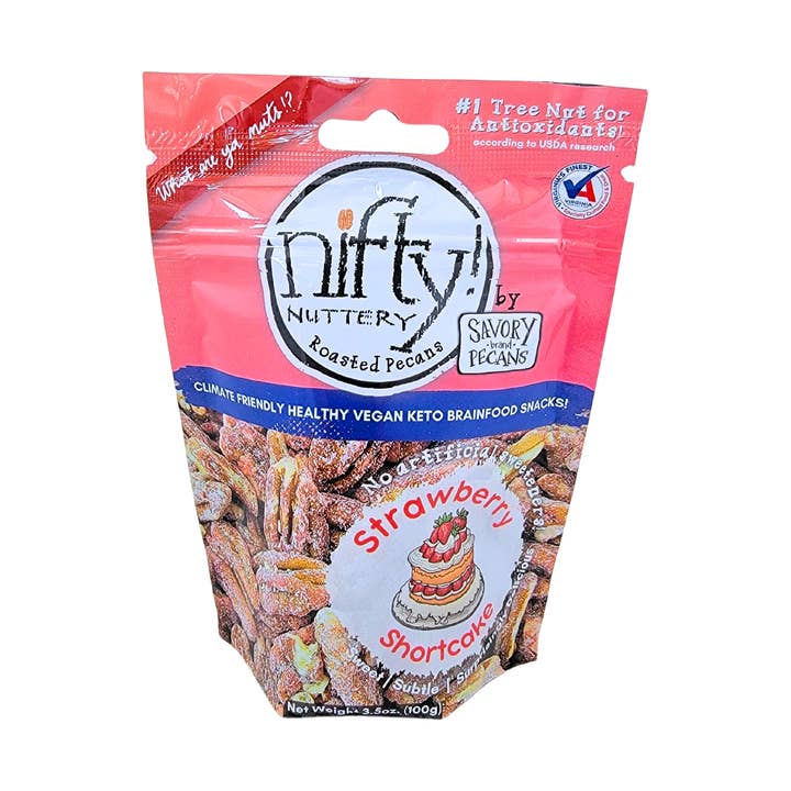 Strawberry Shortcake Roasted Pecans for wholesale by Nifty! Nuttery by Savory Pecans
