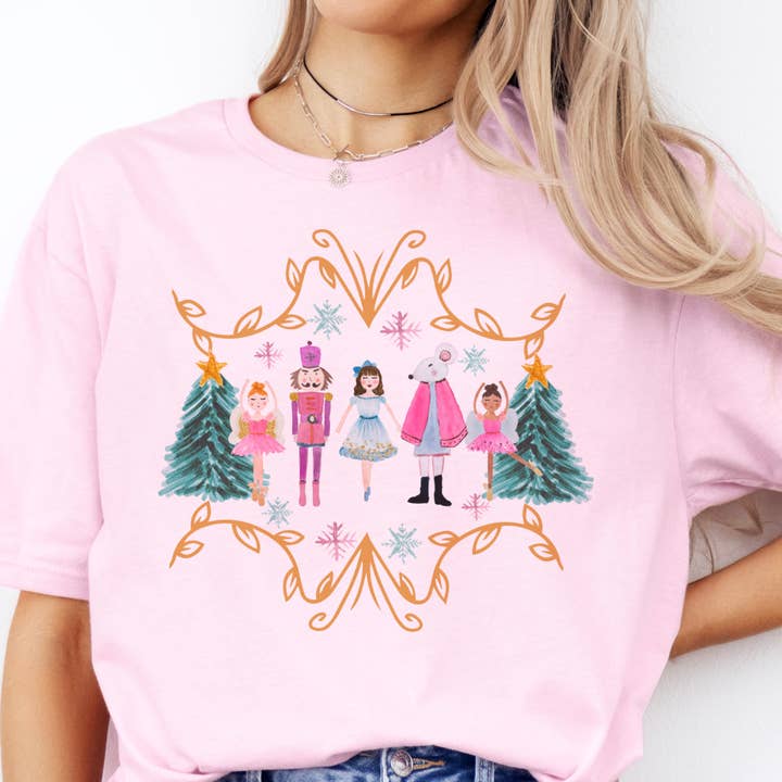 T-shirt Gráfica de Quebra-Nozes de Natal com Moldura Dourada por atacado de Par.tees by Party On!