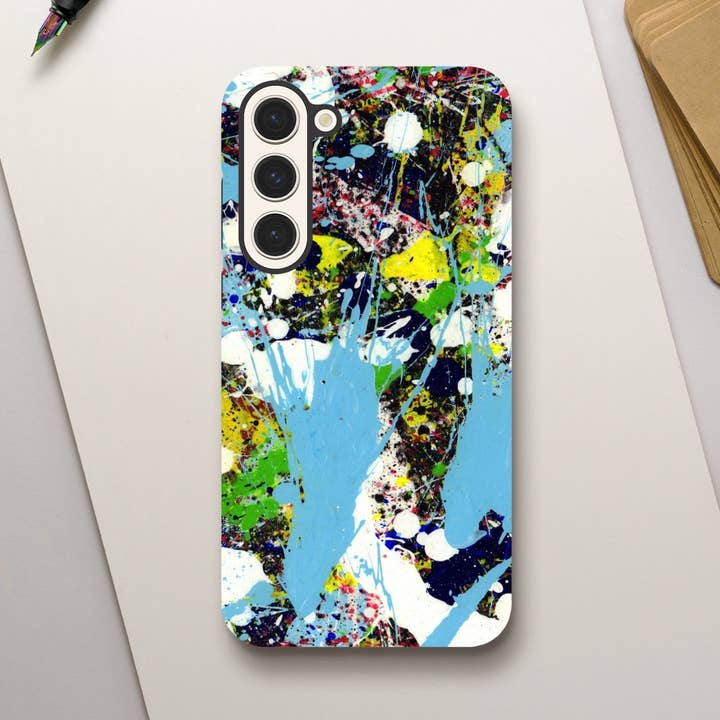 Abstract Paint Splatter Samsung Galaxy S23 S22 S21 Tough Case - "Invention" Colorful Artistic Cover - Dual Layer Impact Resistant Protection for wholesale by James Knights Art