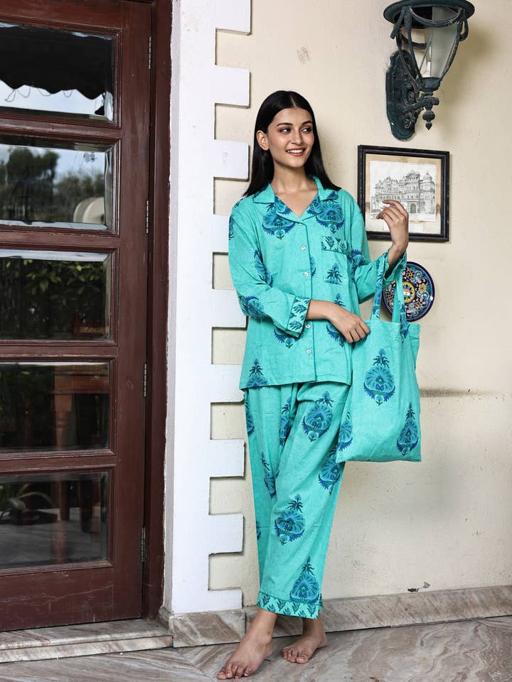 Women's Block Printed Pajamas- 3 Piece Set (Indian Green) for wholesale by The Fox and The Mermaid