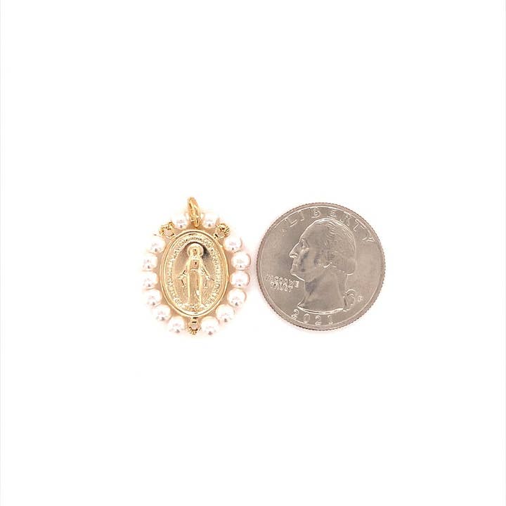 The Bead Bazaar - Wholesale Individual charm/pendant - 18K GF Virgin Mary Pearl Pendant, Mother Mary Medal For Necklace, Gold Virgin Mary Charm, Mother Mary Pendant, Religious Medals, Gold Religious3
