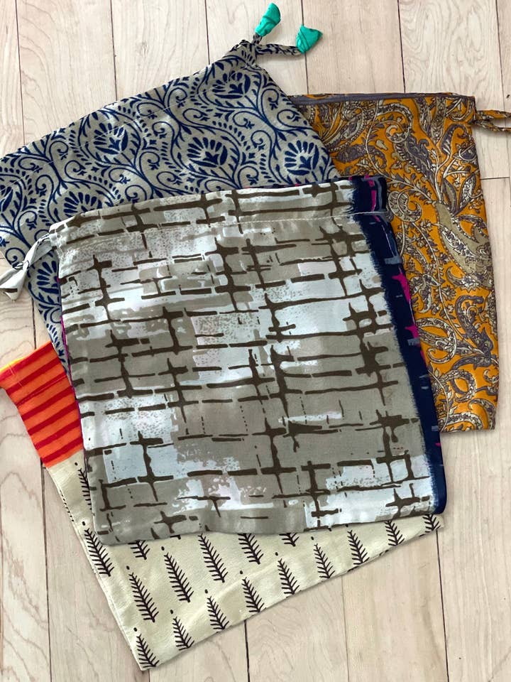 Neutral Sari Pouch Gift Bag for wholesale by Sewing New Futures, Inc