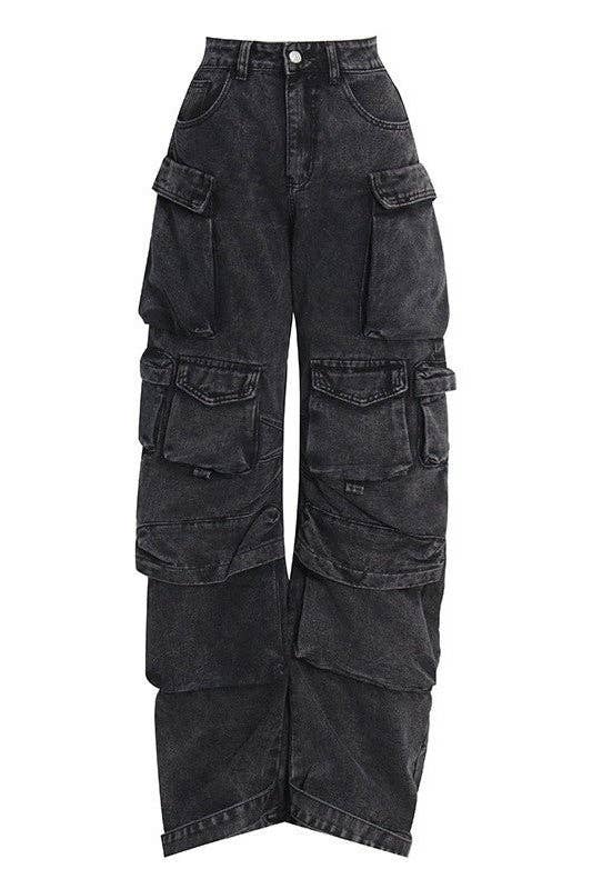 POL Denim Multi cargo pocket drawstring waist baggy denim joggers