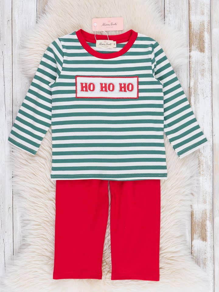 Marie Nicole Clothing - Wholesale Top & Pant Set - Kids - Red & Green Smocked "Ho Ho Ho" Outfit