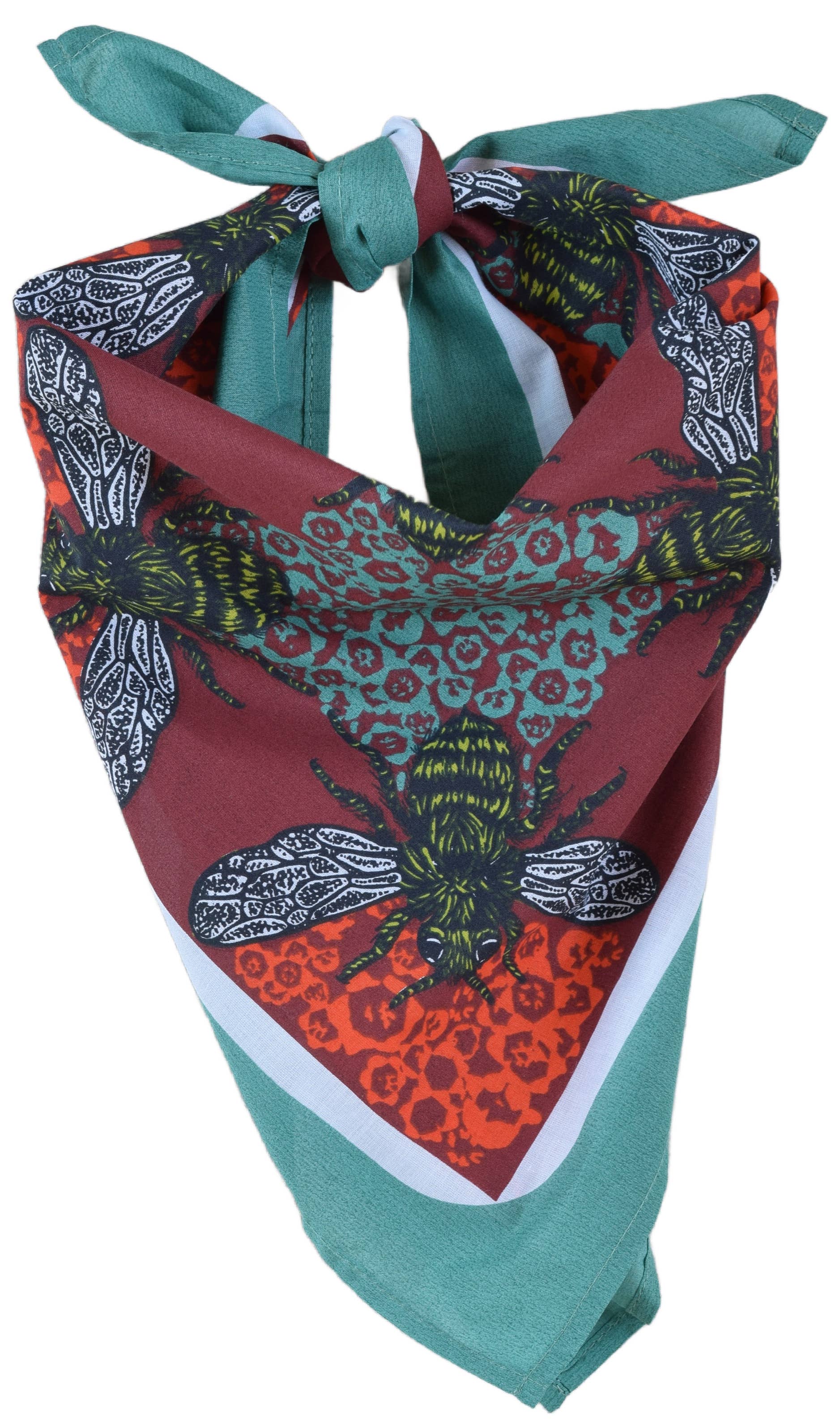 Hearth and Harrow – wholesale Bandana – Unisex – Honeybee Bandana - 100% Cotton - Red and Teal - Hand Printed4