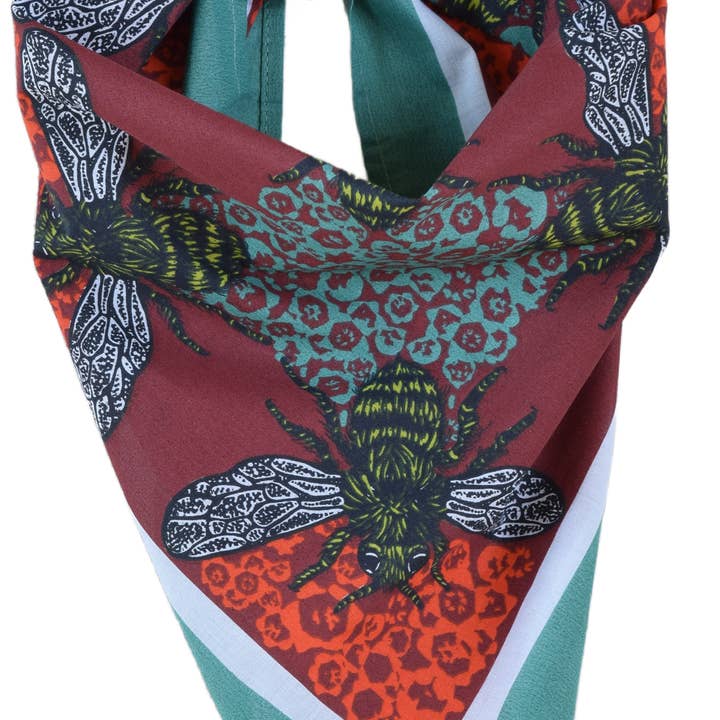 Hearth and Harrow - Wholesale Bandana - Unisex - Honeybee Bandana - 100% Cotton - Red and Teal - Hand Printed4