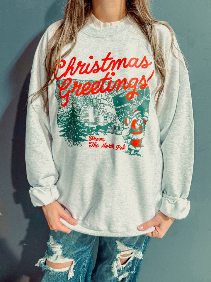 The Clandestine Underground - Wholesale Graphic Sweatshirt - Unisex - Christmas Greetings! North Pole Boxy Cotton Sweatshirt3