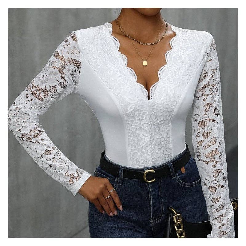 FurDecoration - Vente Combinaison – femme - Combinaison à manches longues et dos ouvert en dentelle à col en V6