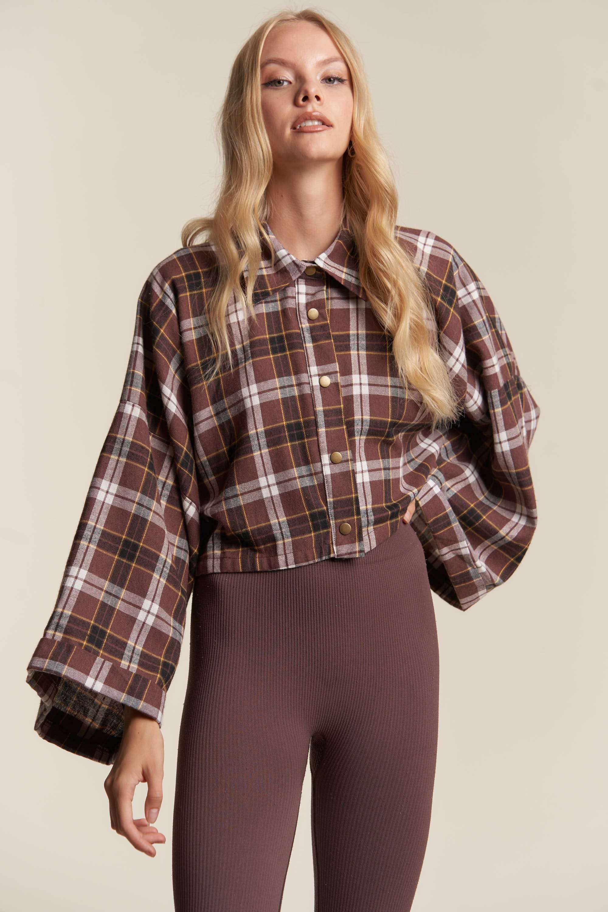 BROWN COMBO WIDE SLEEVE SNAP BUTTON DOWN PLAID SHIRT JACKET for wholesale on Faire7