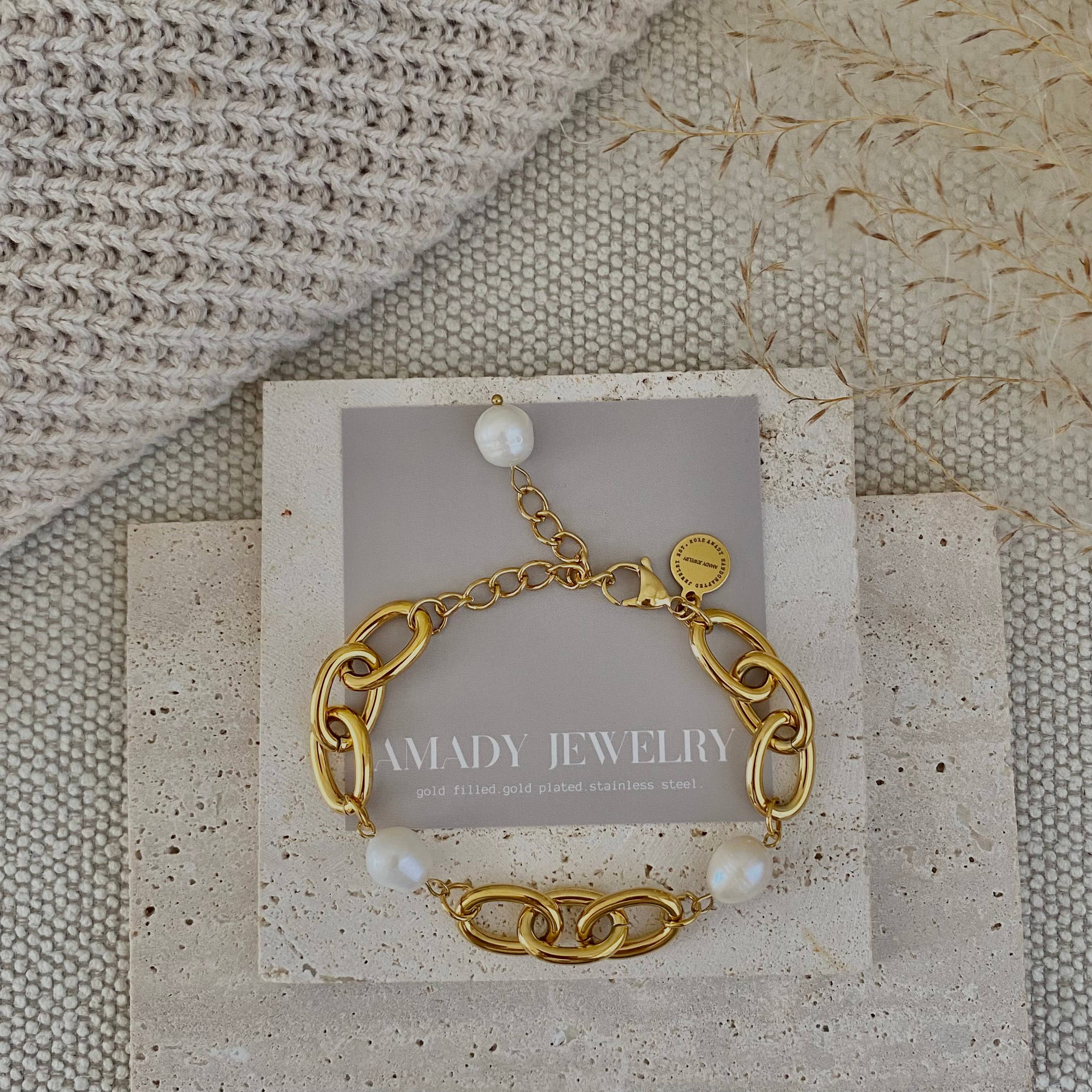 Amady Jewelry - Wholesale Link & Chain Bracelet - Oval chain big pearl bracelet 18k gold plated stainless stee4
