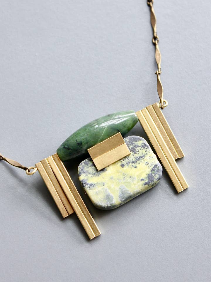 HYL518 Jade and yellow turquoise Artdeco necklace for wholesale by David Aubrey Jewelry