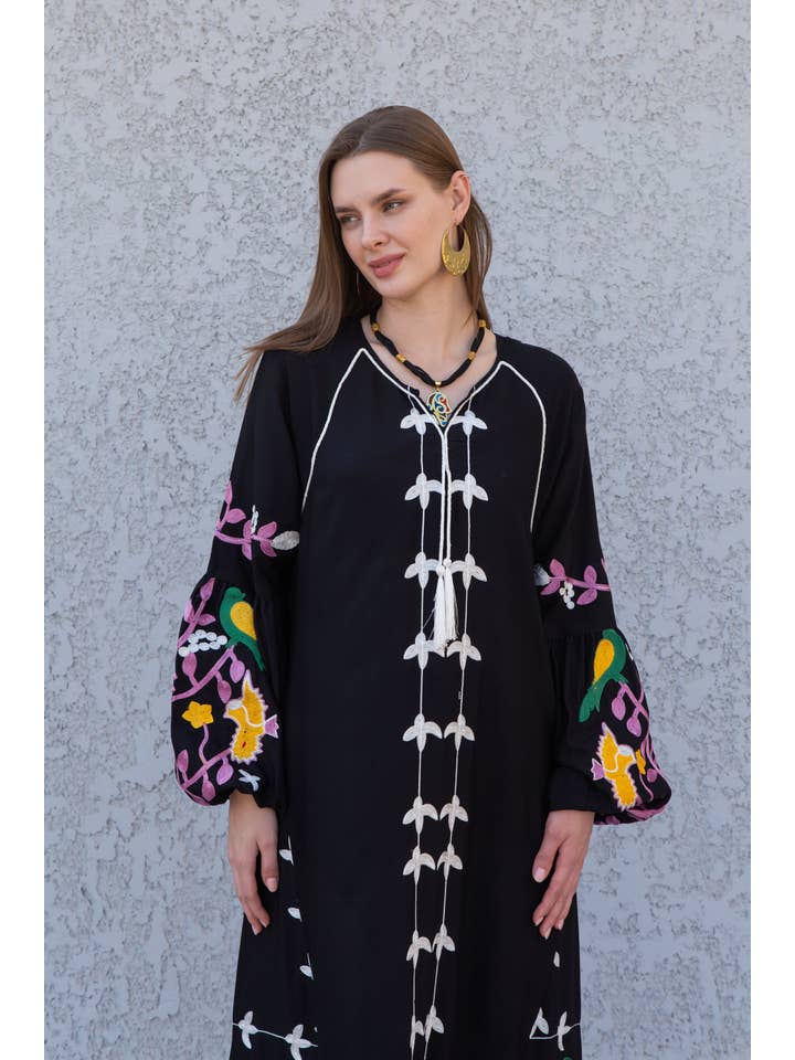 Gipci - Wholesale Kaftan - Dames - Zwarte kleurrijke kaftan van Egyptisch katoen1